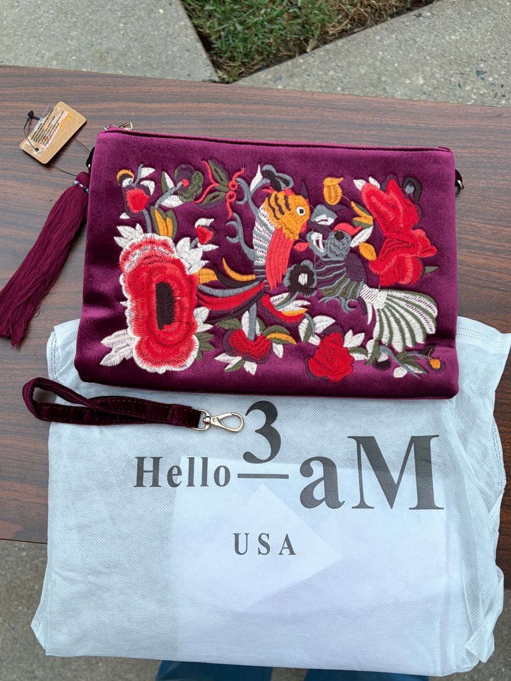 Hello 3AM Burgundy Velvet Embroidered Bird Floral Clutch Crossbody NWT